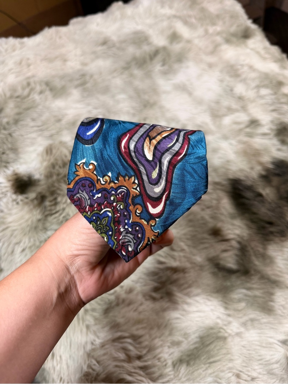 Vintage Albert Nipon Men’s Silk Teal Paisley Pattern Tie with Multicolor Accents